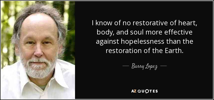 I know of no restorative of heart, body, and soul more effective against hopelessness than the restoration of the Earth. - Barry Lopez