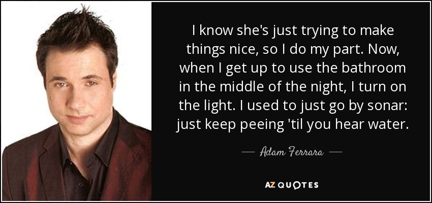 I know she's just trying to make things nice, so I do my part. Now, when I get up to use the bathroom in the middle of the night, I turn on the light. I used to just go by sonar: just keep peeing 'til you hear water. - Adam Ferrara