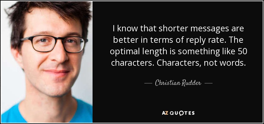 I know that shorter messages are better in terms of reply rate. The optimal length is something like 50 characters. Characters, not words. - Christian Rudder