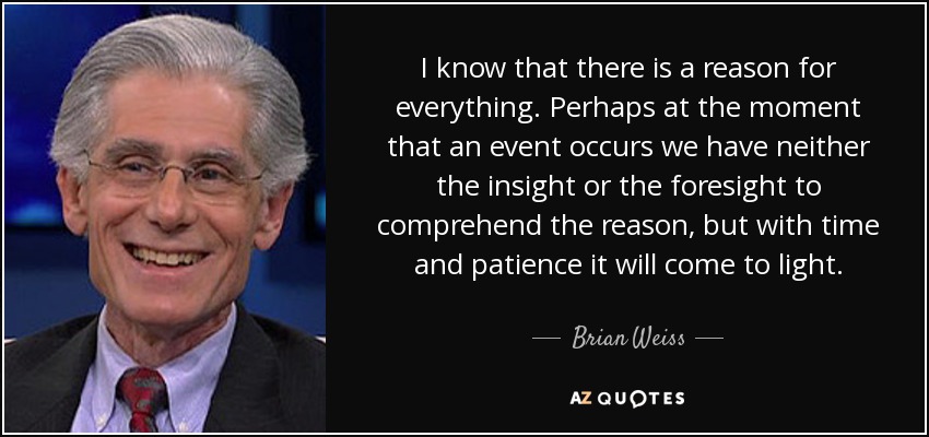 I know that there is a reason for everything. Perhaps at the moment that an event occurs we have neither the insight or the foresight to comprehend the reason, but with time and patience it will come to light. - Brian Weiss