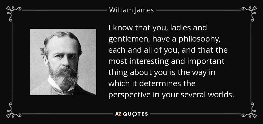 I know that you, ladies and gentlemen, have a philosophy, each and all of you, and that the most interesting and important thing about you is the way in which it determines the perspective in your several worlds. - William James