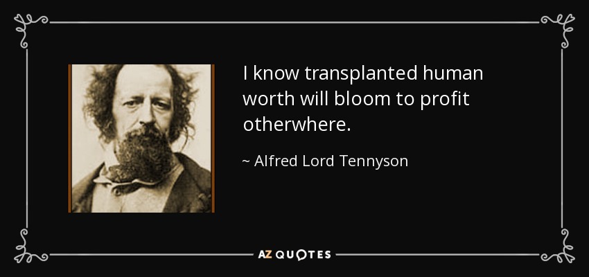 I know transplanted human worth will bloom to profit otherwhere. - Alfred Lord Tennyson