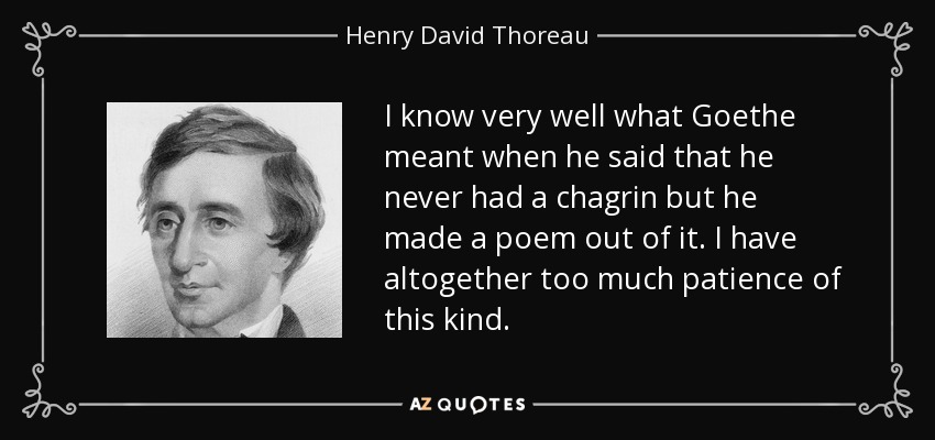 I know very well what Goethe meant when he said that he never had a chagrin but he made a poem out of it. I have altogether too much patience of this kind. - Henry David Thoreau
