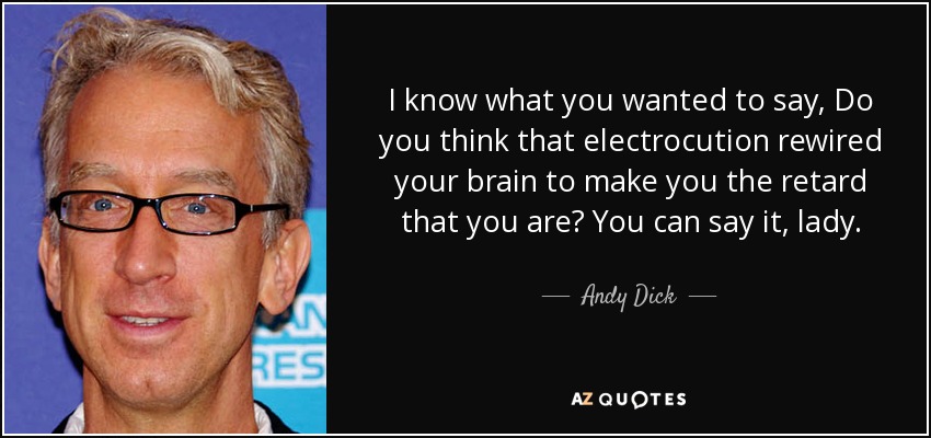 I know what you wanted to say, Do you think that electrocution rewired your brain to make you the retard that you are? You can say it, lady. - Andy Dick
