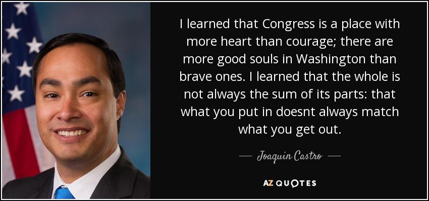 I learned that Congress is a place with more heart than courage; there are more good souls in Washington than brave ones. I learned that the whole is not always the sum of its parts: that what you put in doesnt always match what you get out. - Joaquin Castro