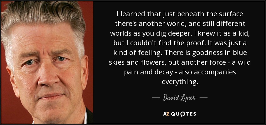 I learned that just beneath the surface there's another world, and still different worlds as you dig deeper. I knew it as a kid, but I couldn't find the proof. It was just a kind of feeling. There is goodness in blue skies and flowers, but another force - a wild pain and decay - also accompanies everything. - David Lynch