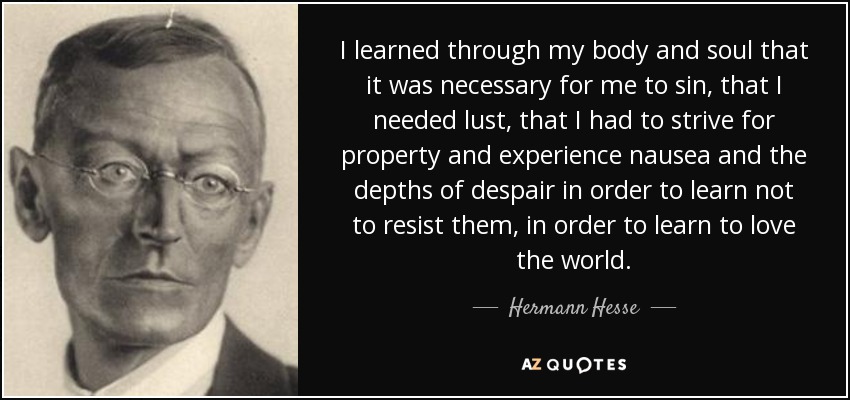 I learned through my body and soul that it was necessary for me to sin, that I needed lust, that I had to strive for property and experience nausea and the depths of despair in order to learn not to resist them, in order to learn to love the world. - Hermann Hesse