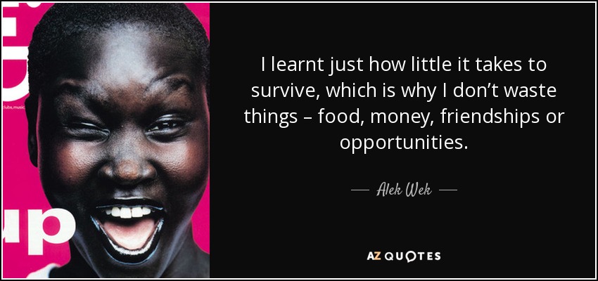I learnt just how little it takes to survive, which is why I don’t waste things – food, money, friendships or opportunities. - Alek Wek