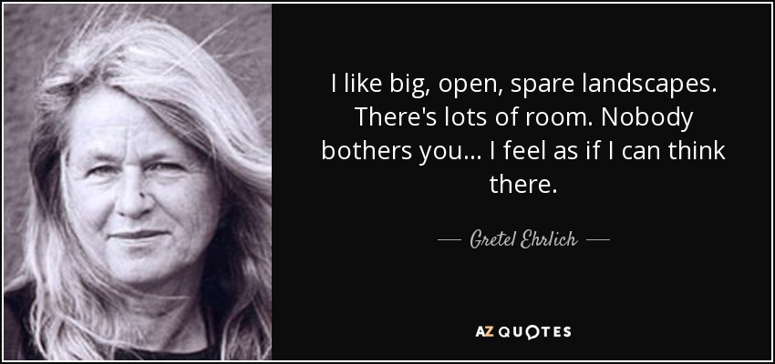I like big, open, spare landscapes. There's lots of room. Nobody bothers you... I feel as if I can think there. - Gretel Ehrlich