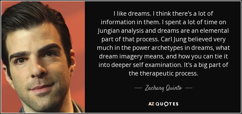 I like dreams. I think there's a lot of information in them. I spent a lot of time on Jungian analysis and dreams are an elemental part of that process. Carl Jung believed very much in the power archetypes in dreams, what dream imagery means, and how you can tie it into deeper self examination. It's a big part of the therapeutic process. - Zachary Quinto