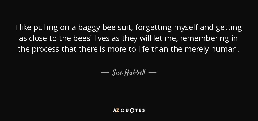 I like pulling on a baggy bee suit, forgetting myself and getting as close to the bees' lives as they will let me, remembering in the process that there is more to life than the merely human. - Sue Hubbell