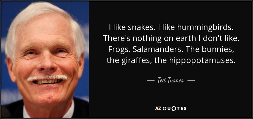 I like snakes. I like hummingbirds. There's nothing on earth I don't like. Frogs. Salamanders. The bunnies, the giraffes, the hippopotamuses. - Ted Turner
