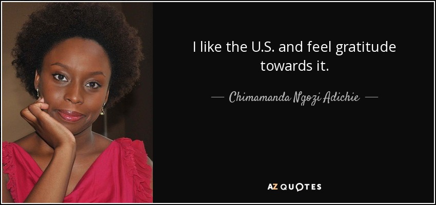 I like the U.S. and feel gratitude towards it. - Chimamanda Ngozi Adichie
