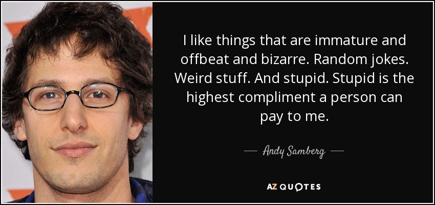 I like things that are immature and offbeat and bizarre. Random jokes. Weird stuff. And stupid. Stupid is the highest compliment a person can pay to me. - Andy Samberg