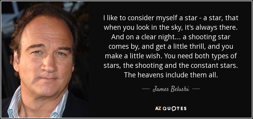 I like to consider myself a star - a star, that when you look in the sky, it's always there. And on a clear night... a shooting star comes by, and get a little thrill, and you make a little wish. You need both types of stars, the shooting and the constant stars. The heavens include them all. - James Belushi