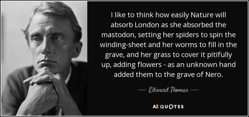 I like to think how easily Nature will absorb London as she absorbed the mastodon, setting her spiders to spin the winding-sheet and her worms to fill in the grave, and her grass to cover it pitifully up, adding flowers - as an unknown hand added them to the grave of Nero. - Edward Thomas