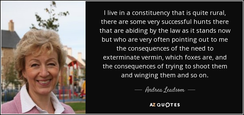 I live in a constituency that is quite rural, there are some very successful hunts there that are abiding by the law as it stands now but who are very often pointing out to me the consequences of the need to exterminate vermin, which foxes are, and the consequences of trying to shoot them and winging them and so on. - Andrea Leadsom