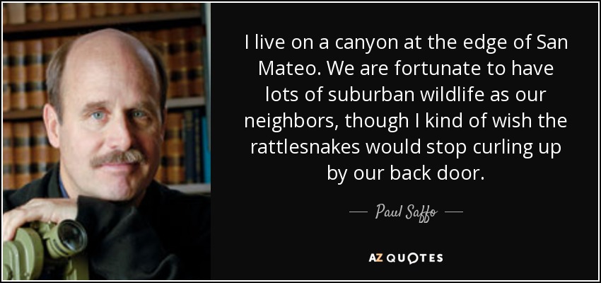 I live on a canyon at the edge of San Mateo. We are fortunate to have lots of suburban wildlife as our neighbors, though I kind of wish the rattlesnakes would stop curling up by our back door. - Paul Saffo