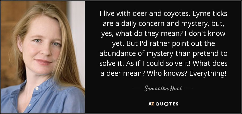 I live with deer and coyotes. Lyme ticks are a daily concern and mystery, but, yes, what do they mean? I don't know yet. But I'd rather point out the abundance of mystery than pretend to solve it. As if I could solve it! What does a deer mean? Who knows? Everything! - Samantha Hunt