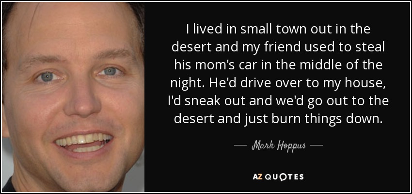 I lived in small town out in the desert and my friend used to steal his mom's car in the middle of the night. He'd drive over to my house, I'd sneak out and we'd go out to the desert and just burn things down. - Mark Hoppus
