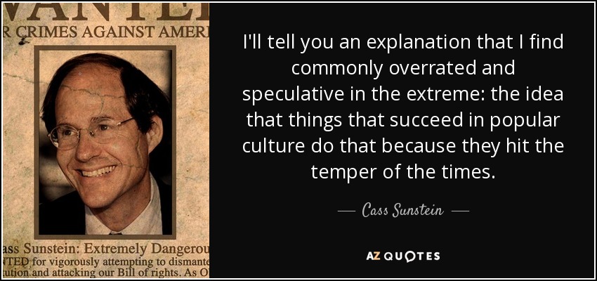 I'll tell you an explanation that I find commonly overrated and speculative in the extreme: the idea that things that succeed in popular culture do that because they hit the temper of the times. - Cass Sunstein