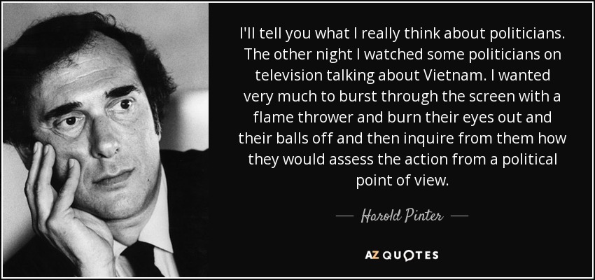 I'll tell you what I really think about politicians. The other night I watched some politicians on television talking about Vietnam. I wanted very much to burst through the screen with a flame thrower and burn their eyes out and their balls off and then inquire from them how they would assess the action from a political point of view. - Harold Pinter