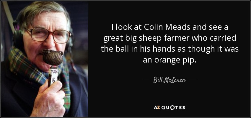 I look at Colin Meads and see a great big sheep farmer who carried the ball in his hands as though it was an orange pip. - Bill McLaren