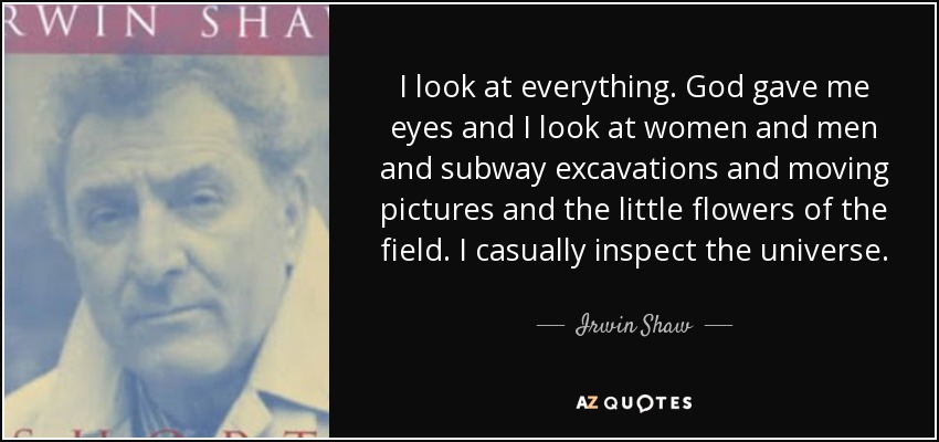 I look at everything. God gave me eyes and I look at women and men and subway excavations and moving pictures and the little flowers of the field. I casually inspect the universe. - Irwin Shaw