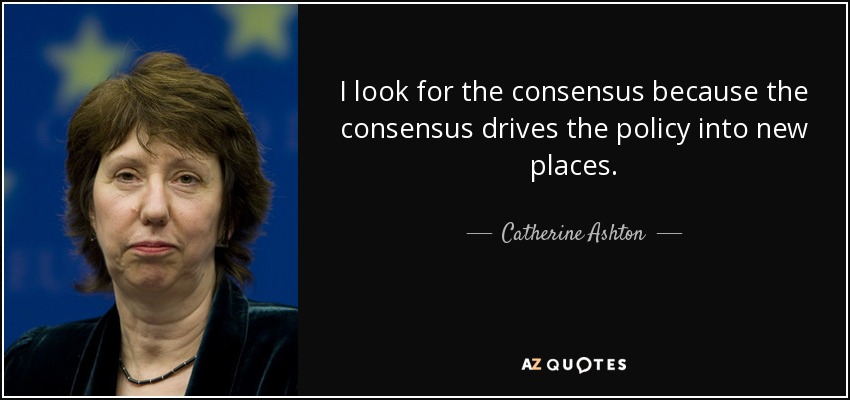 I look for the consensus because the consensus drives the policy into new places. - Catherine Ashton