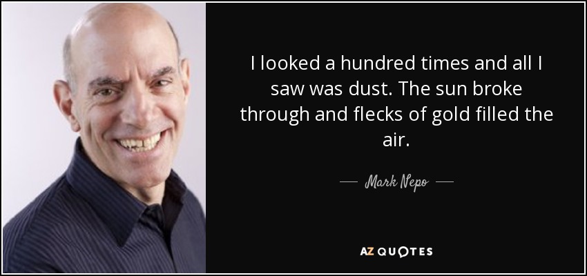 I looked a hundred times and all I saw was dust. The sun broke through and flecks of gold filled the air. - Mark Nepo