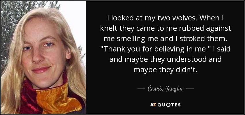 I looked at my two wolves. When I knelt they came to me rubbed against me smelling me and I stroked them. 