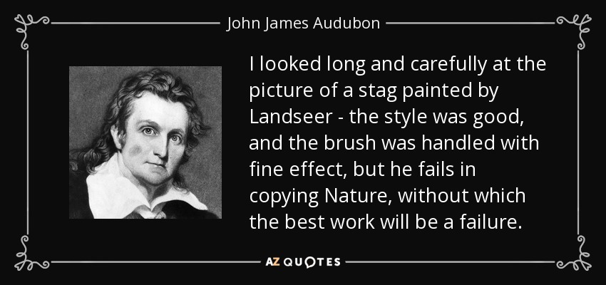 I looked long and carefully at the picture of a stag painted by Landseer - the style was good, and the brush was handled with fine effect, but he fails in copying Nature, without which the best work will be a failure. - John James Audubon