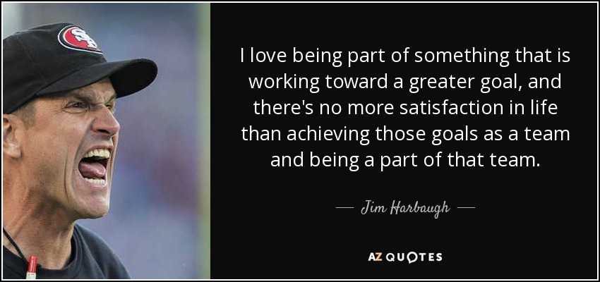 I love being part of something that is working toward a greater goal, and there's no more satisfaction in life than achieving those goals as a team and being a part of that team. - Jim Harbaugh