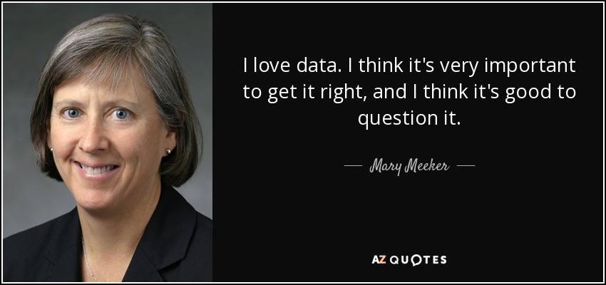 I love data. I think it's very important to get it right, and I think it's good to question it. - Mary Meeker