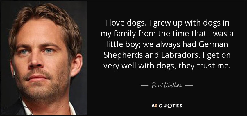 I love dogs. I grew up with dogs in my family from the time that I was a little boy; we always had German Shepherds and Labradors. I get on very well with dogs, they trust me. - Paul Walker