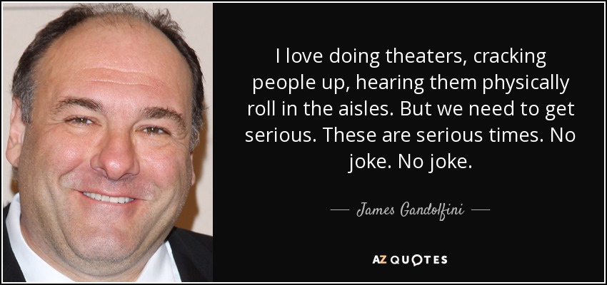 I love doing theaters, cracking people up, hearing them physically roll in the aisles. But we need to get serious. These are serious times. No joke. No joke. - James Gandolfini