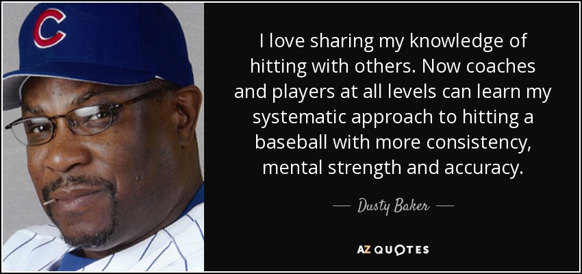 I love sharing my knowledge of hitting with others. Now coaches and players at all levels can learn my systematic approach to hitting a baseball with more consistency, mental strength and accuracy. - Dusty Baker