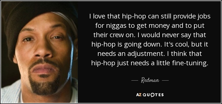 I love that hip-hop can still provide jobs for niggas to get money and to put their crew on. I would never say that hip-hop is going down. It's cool, but it needs an adjustment. I think that hip-hop just needs a little fine-tuning. - Redman