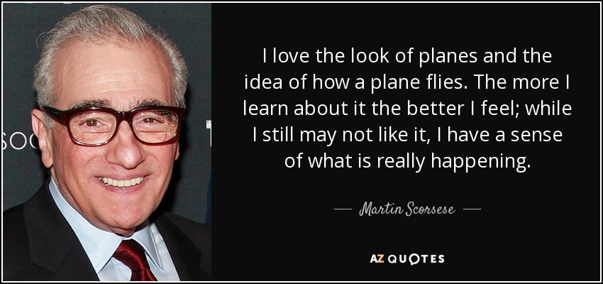 I love the look of planes and the idea of how a plane flies. The more I learn about it the better I feel; while I still may not like it, I have a sense of what is really happening. - Martin Scorsese