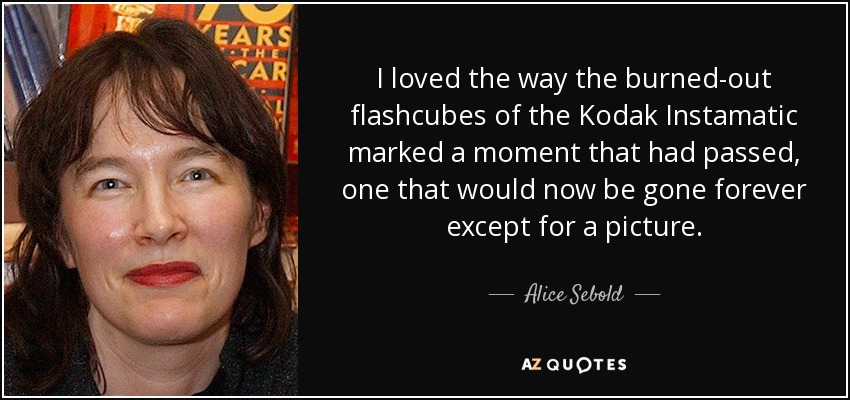 I loved the way the burned-out flashcubes of the Kodak Instamatic marked a moment that had passed, one that would now be gone forever except for a picture. - Alice Sebold