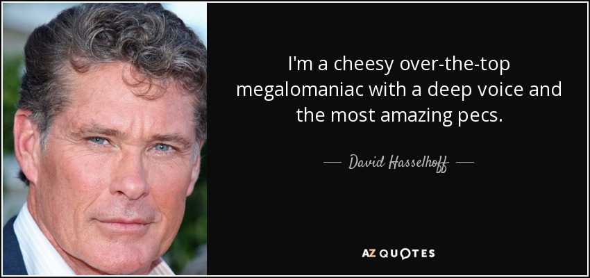 I'm a cheesy over-the-top megalomaniac with a deep voice and the most amazing pecs. - David Hasselhoff