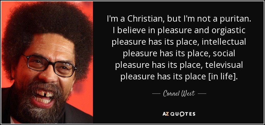 I'm a Christian, but I'm not a puritan. I believe in pleasure and orgiastic pleasure has its place, intellectual pleasure has its place, social pleasure has its place, televisual pleasure has its place [in life]. - Cornel West