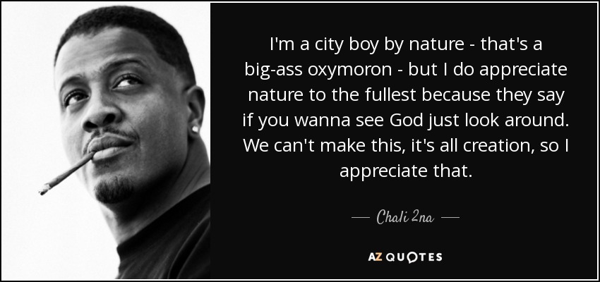 I'm a city boy by nature - that's a big-ass oxymoron - but I do appreciate nature to the fullest because they say if you wanna see God just look around. We can't make this, it's all creation, so I appreciate that. - Chali 2na