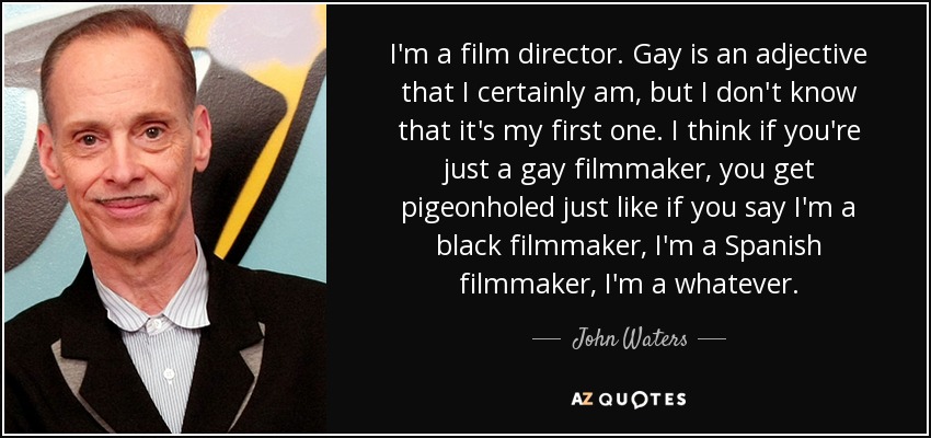I'm a film director. Gay is an adjective that I certainly am, but I don't know that it's my first one. I think if you're just a gay filmmaker, you get pigeonholed just like if you say I'm a black filmmaker, I'm a Spanish filmmaker, I'm a whatever. - John Waters