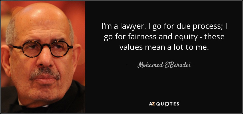 I'm a lawyer. I go for due process; I go for fairness and equity - these values mean a lot to me. - Mohamed ElBaradei