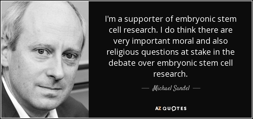 I'm a supporter of embryonic stem cell research. I do think there are very important moral and also religious questions at stake in the debate over embryonic stem cell research. - Michael Sandel