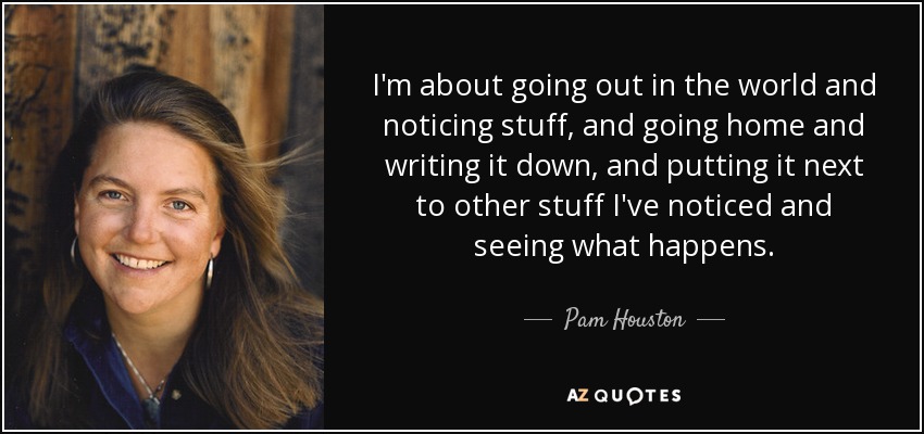 I'm about going out in the world and noticing stuff, and going home and writing it down, and putting it next to other stuff I've noticed and seeing what happens. - Pam Houston