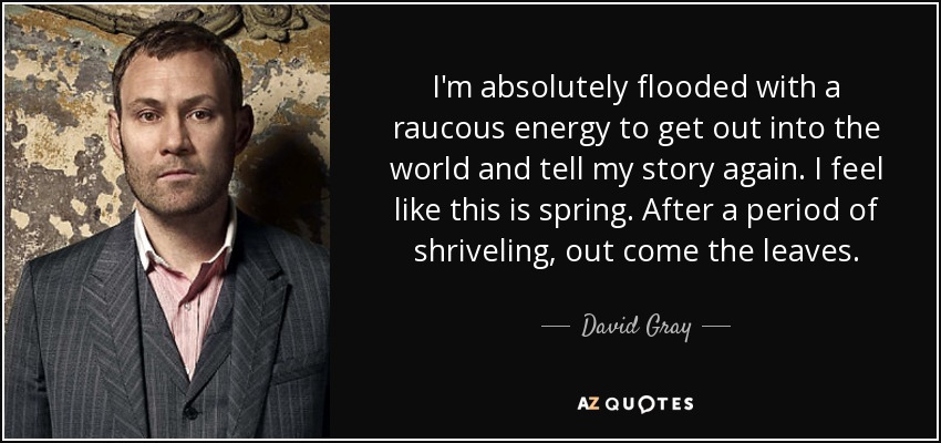 I'm absolutely flooded with a raucous energy to get out into the world and tell my story again. I feel like this is spring. After a period of shriveling, out come the leaves. - David Gray