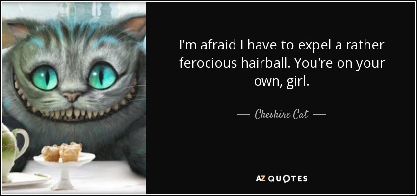 I'm afraid I have to expel a rather ferocious hairball. You're on your own, girl. - Cheshire Cat