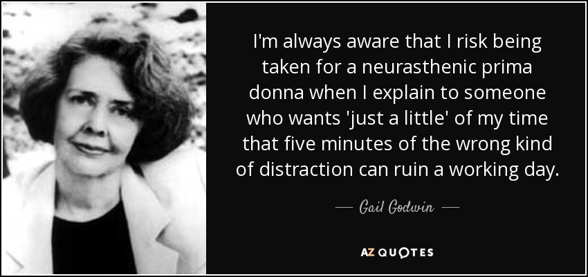 I'm always aware that I risk being taken for a neurasthenic prima donna when I explain to someone who wants 'just a little' of my time that five minutes of the wrong kind of distraction can ruin a working day. - Gail Godwin